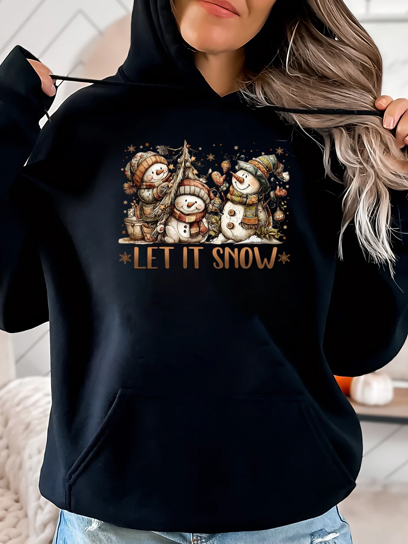 

Семья снеговика Let It Snow Рождественская толстовка с капюшоном женская зимняя повседневная одежда черная больших размеров