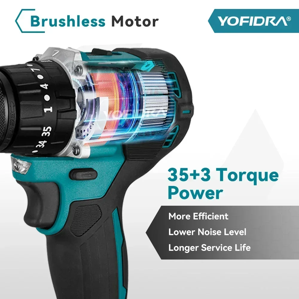 YOFIDRA 13MM 35+3 Drehmoment Bürstenloser Elektrischer Schlagbohrer 3 IN 1 Kabelloser Elektrischer Schraubendreher DIY-Elektrowerkzeug für Makita 21V Akku – Detail 7