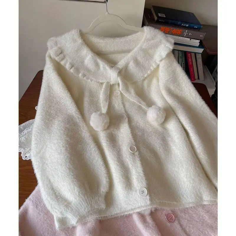 خمر Kawaii طويلة الأكمام سترة مشغولة من الصوف معطف المرأة اليابانية لطيف سستة بلوزات الإناث عادية Y2k سترة معطف شيك #3