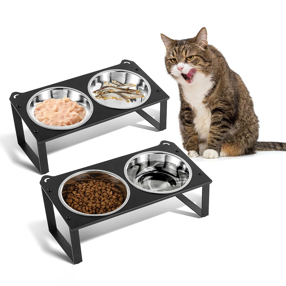 

Heightened cat food and water bowl Stainless steel bowl Suitable for cats and dogs for indoor use Metal bracket 15° tilt
