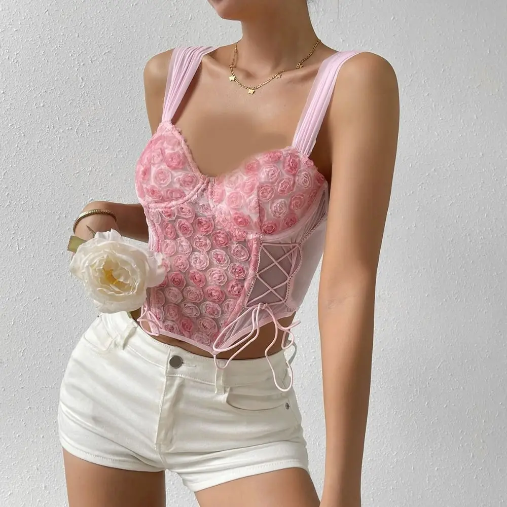 

Fashion Hollow Lace Flower Camisole Embroidery Transparent Crop Tops Slim fit Tanks Suspender Vest Ladies
