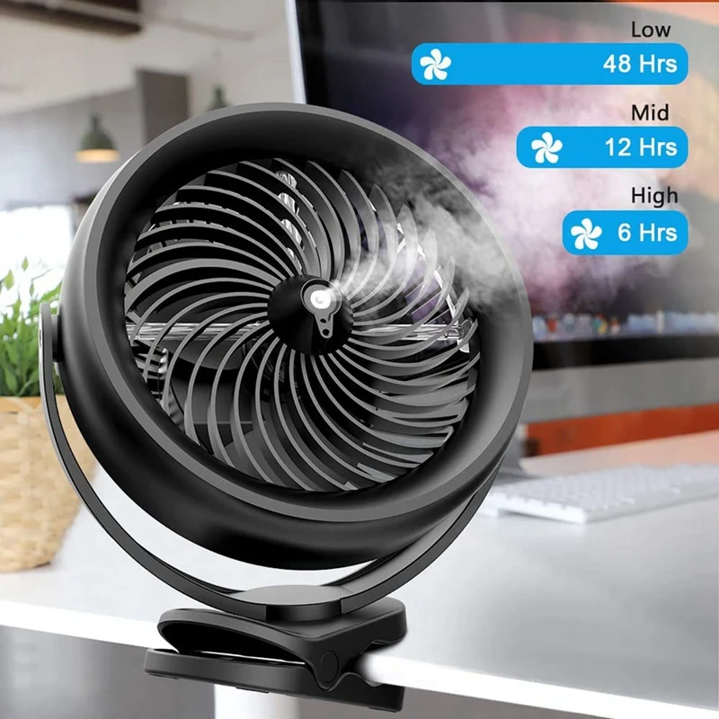 Ventilateur à clipser à piles pour poussette de bureau, ventilateur frais de 8 pouces, 2 modes de brume, sortie avec 10000 ml d'eau précieuse, 3 vitesses, 200 mAh