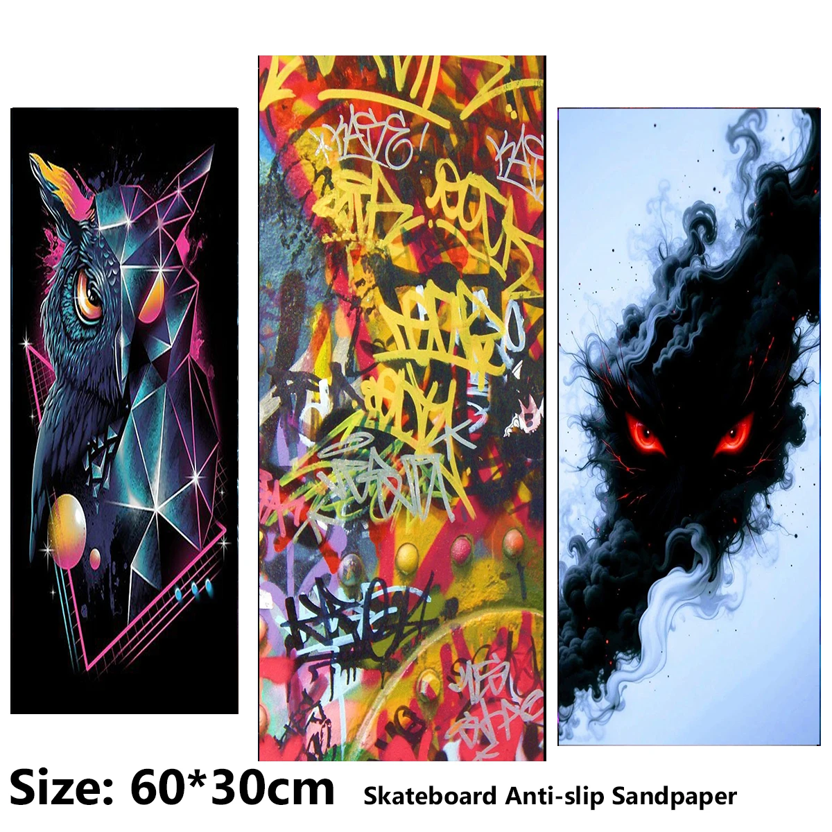 Electric Scooter Anti-slip Sticker Sandpaper Skateboard GripTape Sheet 60*30cm Robot Bird Text Graffiti Sharp Eyes Pattern