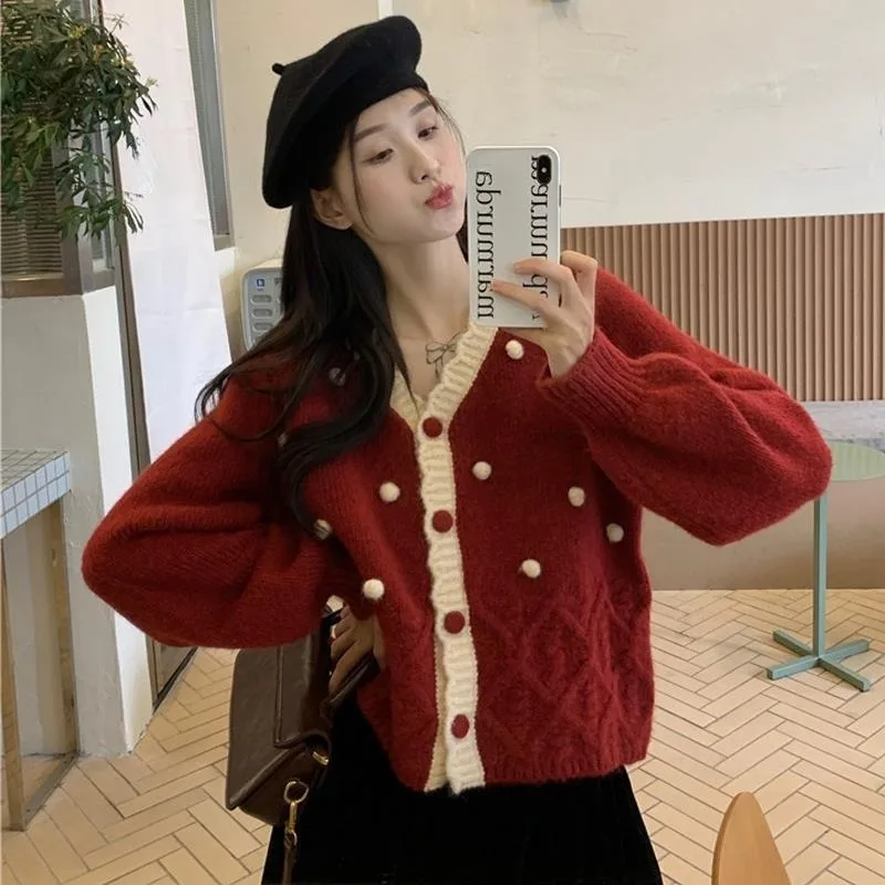 

Sweet Cardigan For Women Red Vintage Wear To Work Novelties In Youth Korean Style Aesthetic Light V Neck Knitted Sweater Woman