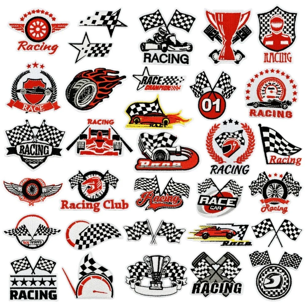 

32Pcs Cartoon Racing Game club Logo Retro plaid Flag series For Ride Clothing Sew Hat Iron on Embroidery Patch Clothes Applique