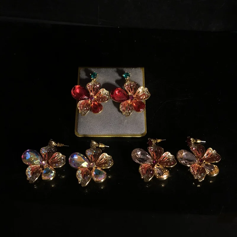 Retro flower stud earrings colored gemstone enamel hand-painted pretty earrings
