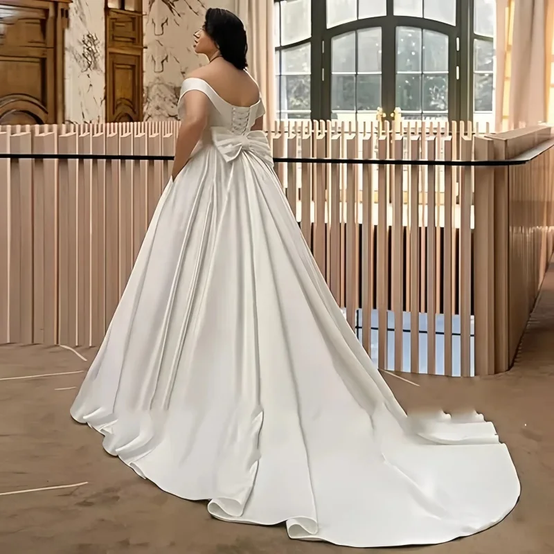 Satin V Neck Plus Size Wedding Dresses Off The Shoulder Lace Up Back Big Bow Pleated Bridal Gown with Pockets and Court Train
