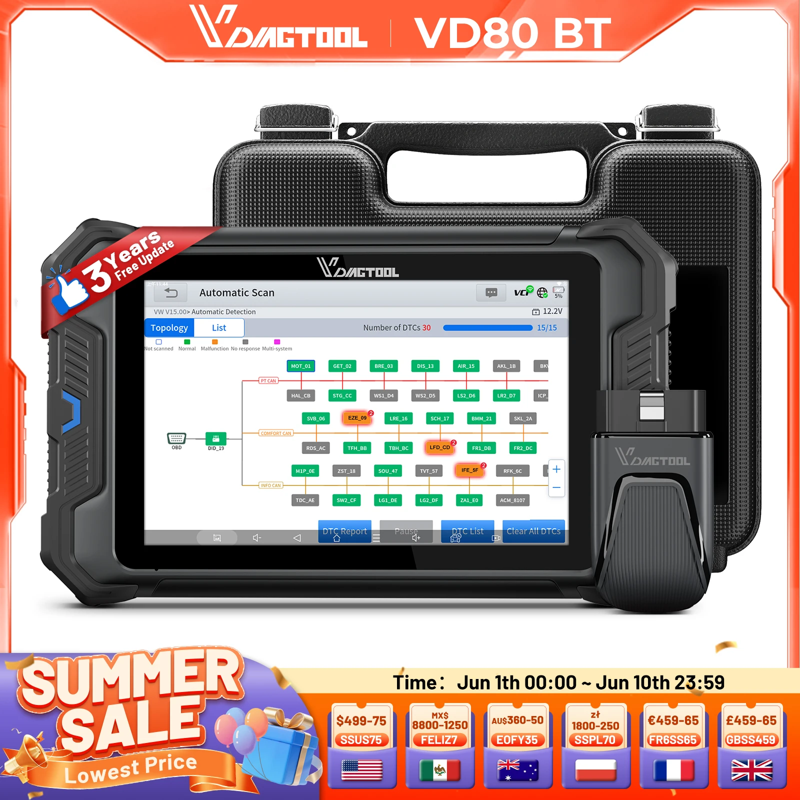 

VDIAGTOOL VD80BT Bluetooth Car Diagnostic Tool WIFI Wireless Bidirectional Scanner with Topology Mappping FCA CANFD ECU Coding