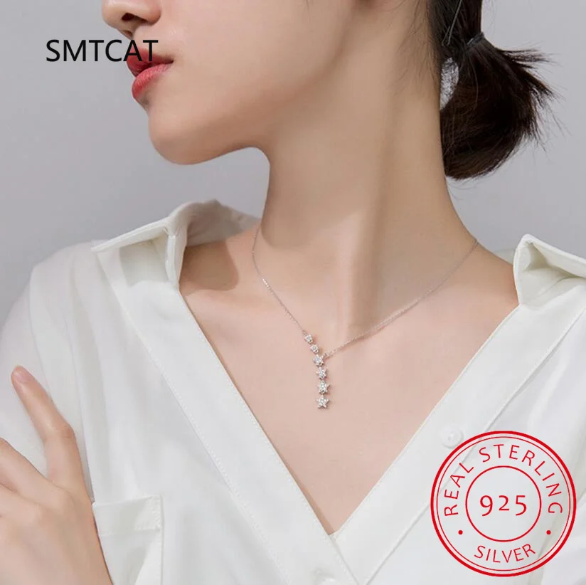 

925 Sterling Silver Delicate Falling Stars Pendant Necklace for Women Wedding Party Dainty Fine Jewelry Gift BSN368