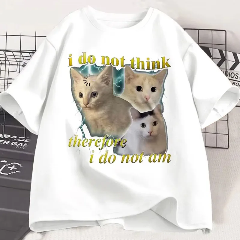 I Do Not Think Therefore I Do Not Am Funny Confused Cat Meme T Shirt Cats Fashion Harajuku Kawaii T-shirt Women's Y2K Clothing