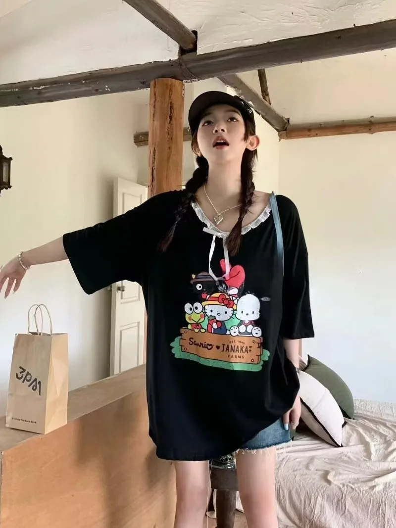 

Kawaii Fat Girl Short Sleeve Tshirt Sweet Lace Cartoon Melody Printed Aesthetic Clothes Summer Oversized T Shirt Loose Bow Tops