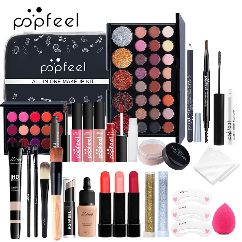 Make-Up Set, Cosmetische Set, Oogschaduwpalet, Lipgloss Set, Vloeibare Lippenstift, Make-Up Spons, Foundation, Concealer, Wenkbrauw