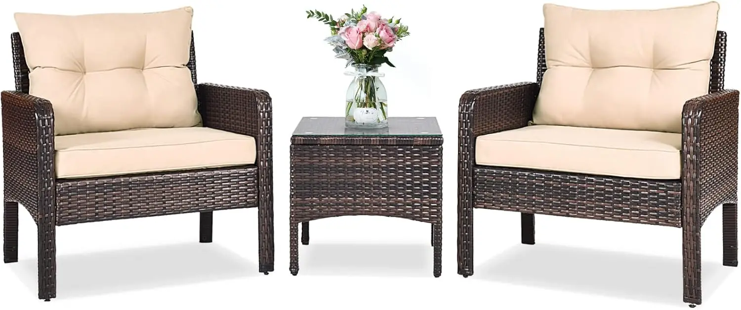 Conjunto de pátio externo de 3 peças, sofá de vime com almofadas grossas, conjunto de bistrô de vime marrom para varanda, deck de jardim