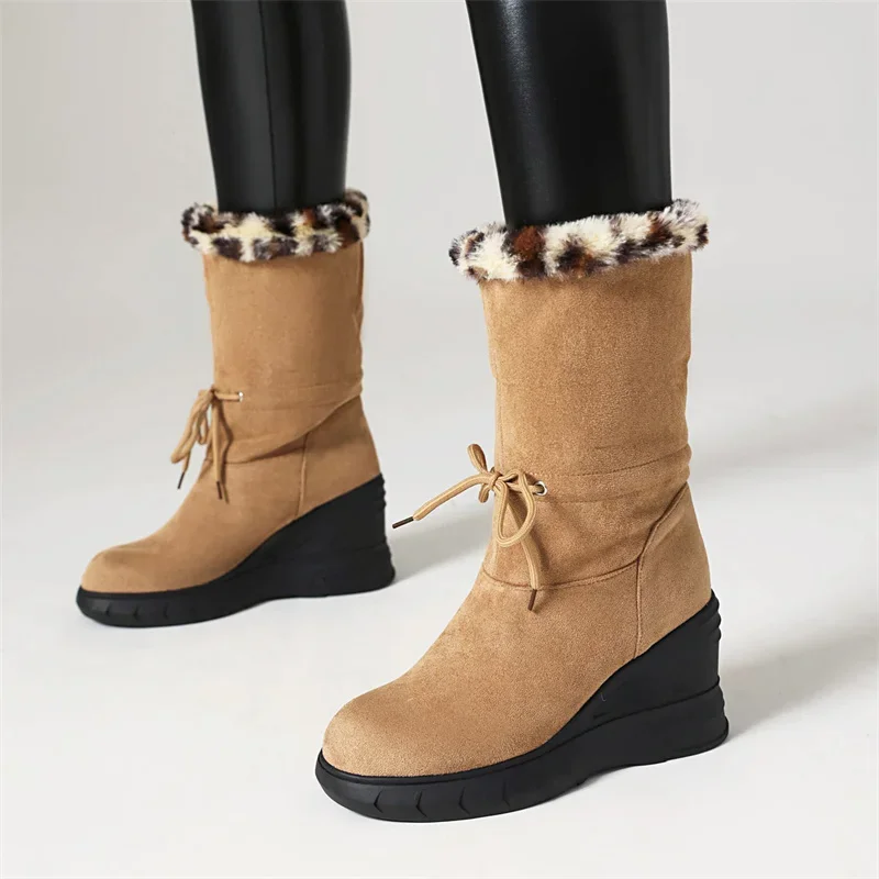 Retro Leisure Ankle Snow Boots Ladies Wedges High Heel Platform Lace-up Botas Black Camel Fur Women Shoes Outside 2023 Winter