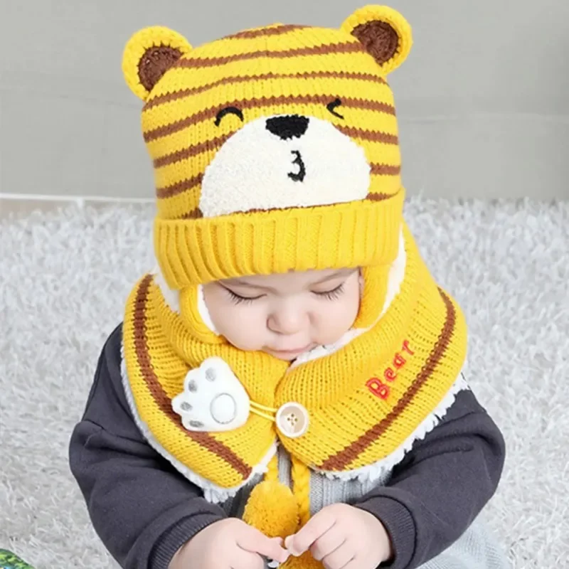 Kids Knitted Scarf and Hat Set Luxury Winter Warm Soft Crochet Hats and Scarves Beanie Caps for Boys Girls 6-28 Month