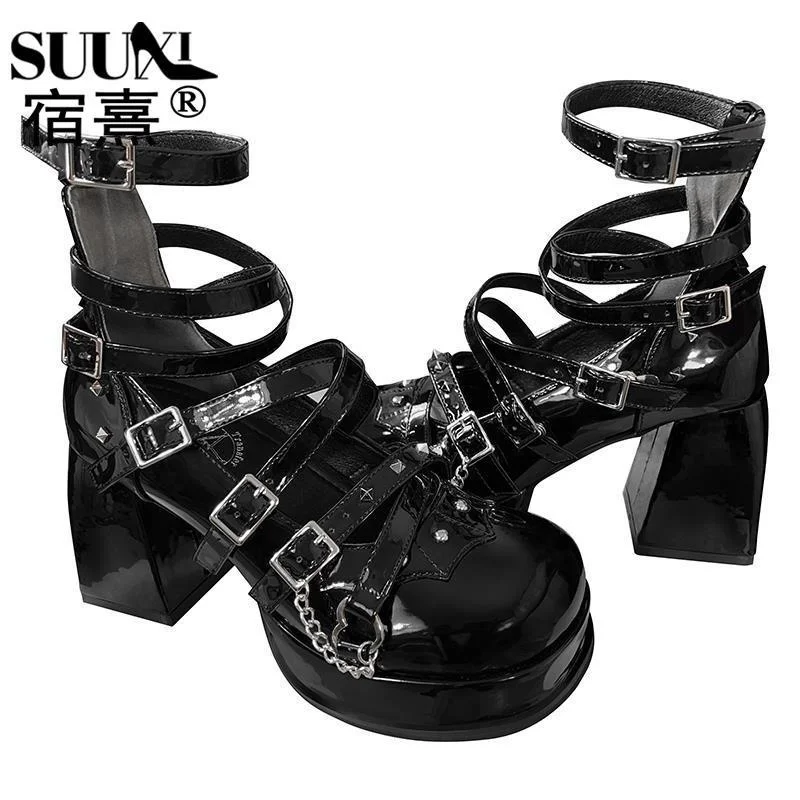 Urteil Engel Punk-Stil Gothic High Heels Lolita Schuhe runden Kopf Kreuz schnalle dicke Absätze