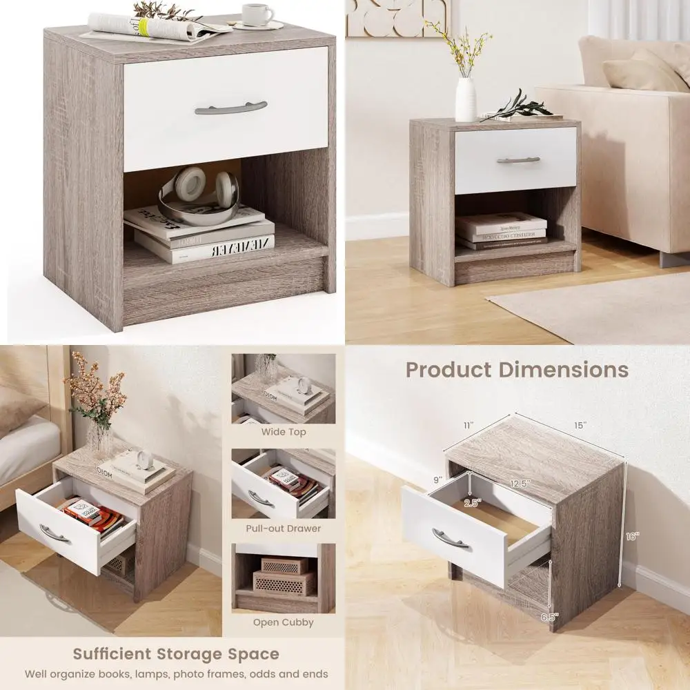 contemporary slide-out drawer nightstand with open shelf and anti-slip base for bedside storage