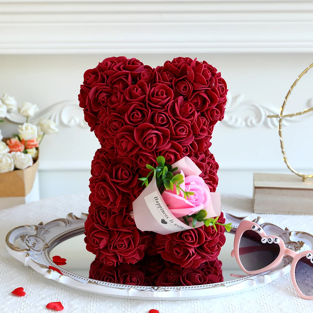 

1pc 25cm Rose Bear with Case Creative Valentines Day Gift Red Pink Artificial Flower for Girlfriend Romantic Wedding Party Decor