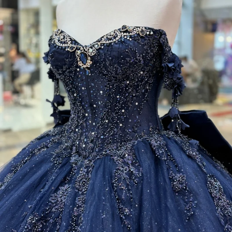 

Shiny dark blue Quinceanera Dress off-shoulder Lace crystal glitter decal flower Long tail vestidos de 15 Quinceanera ﻿Customi