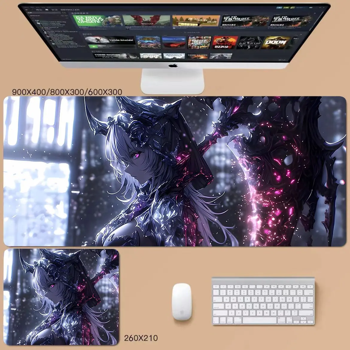 Large Cartoon Sword Shadow Anime Girl Extra Large Gaming Mouse Pad Non Slip Rubber Stitched Edge Desk Mat For PC Laptop Office