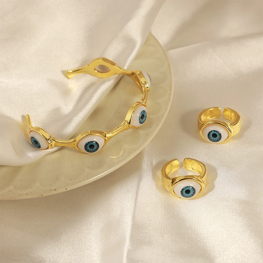 Enamel Eye Heart Rings Open Bangles Copper Adjustable Turkish Evil Eye Bangle Ring Set for Women Girls Jewelry
