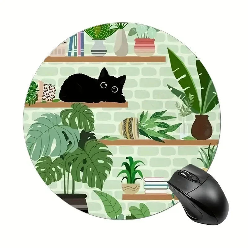 Black Cat Round Mouse Pad Non-Slip Washable Rubber Base Perfect for Office Computers and Laptops, 20x 20cm Desk Mat Mouse Mat