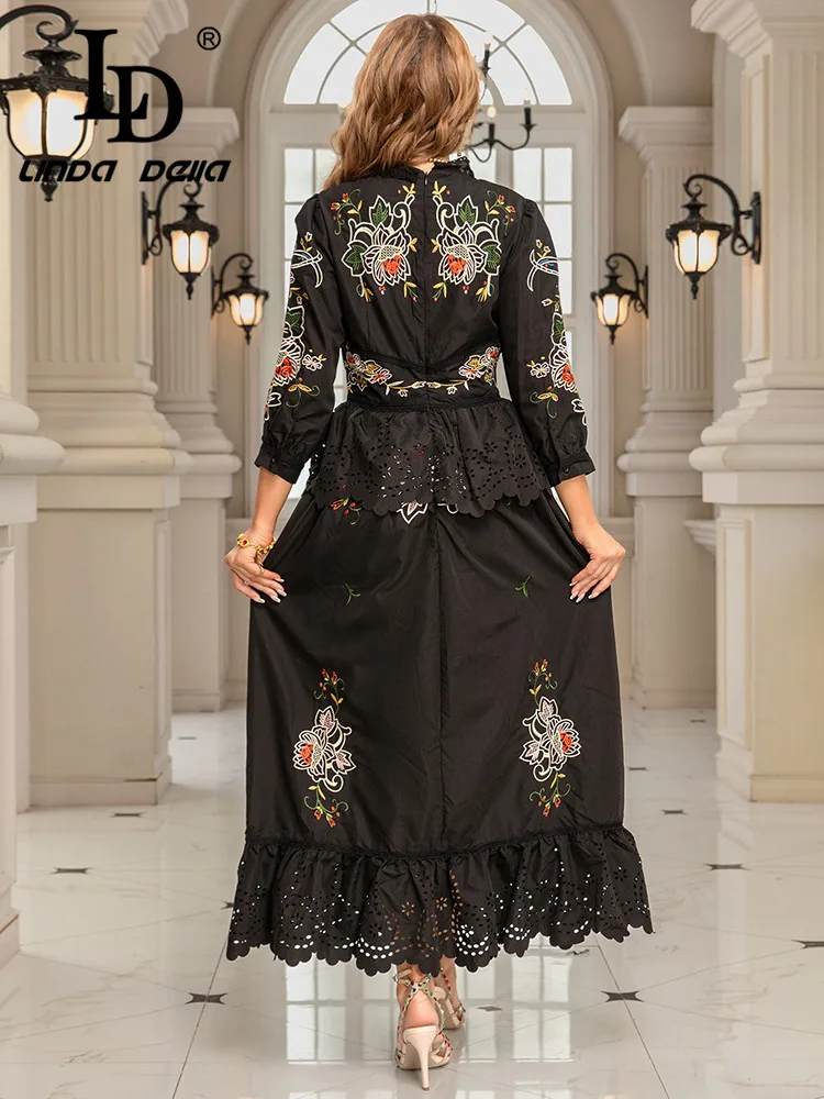 LD LINDA DELLA 2025 ربيع/صيف جديد عتيق تسعة كم الثقيلة التطريز زهرة الربط الدانتيل الخصر كشكش حافة فستان