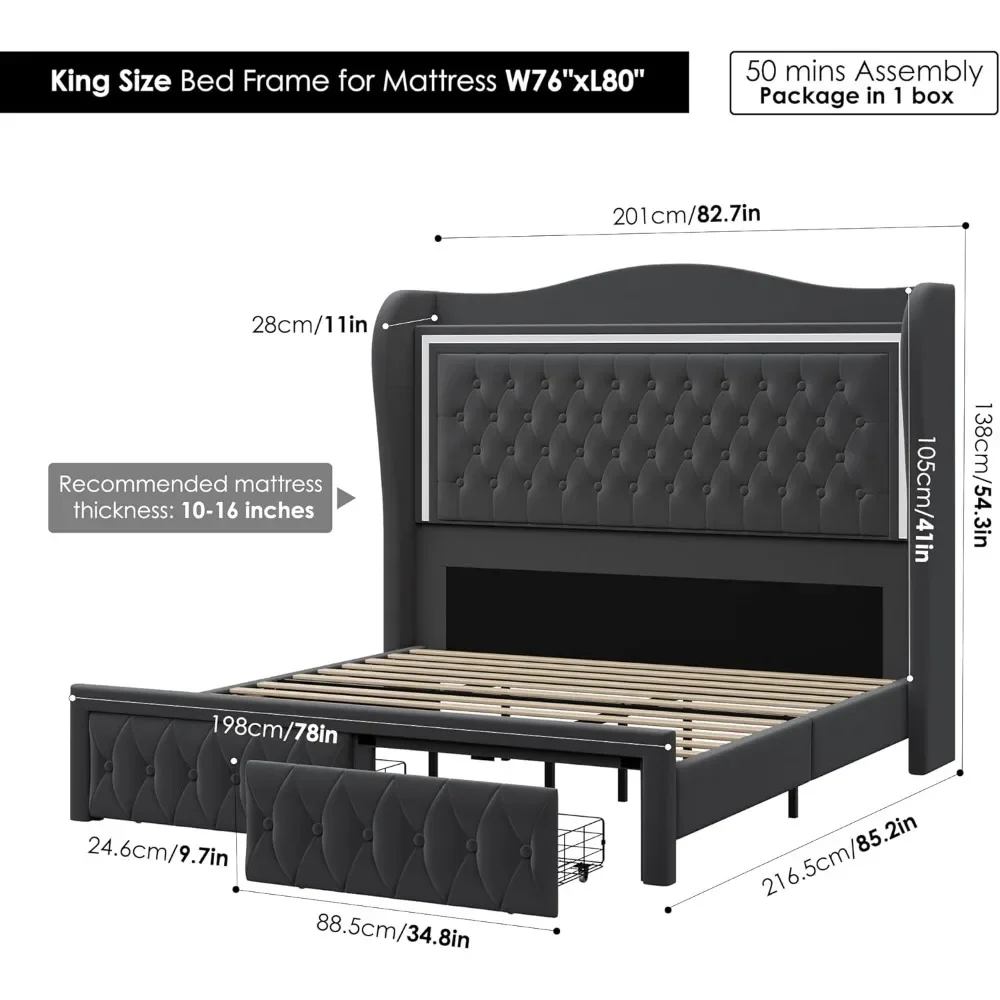 King Bed Frame 55" Tall Headboard with LED Lights, Buttons Tufted Velvet Upholstered Platform Bed Frame with 2 Storage Drawers