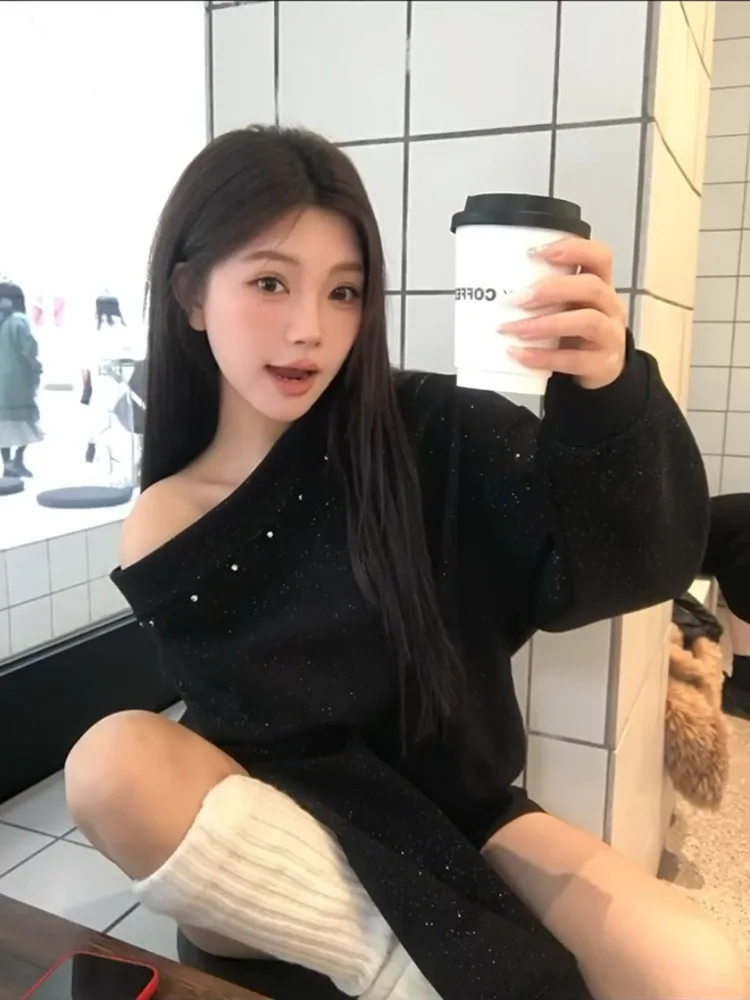 Suda de manga larga de un solo hombro para mujer, Top informal de estilo coreano, estilo perezoso, efecto adeazante, pr...