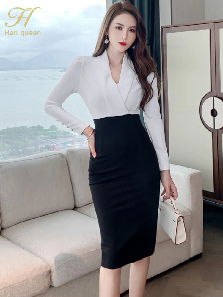 

H Han Queen Hot Sales Summer Vestidos Elegant Chic Korean Black White Patchwork Bodycon Dress Simple Sheath Pencil Party Dresses