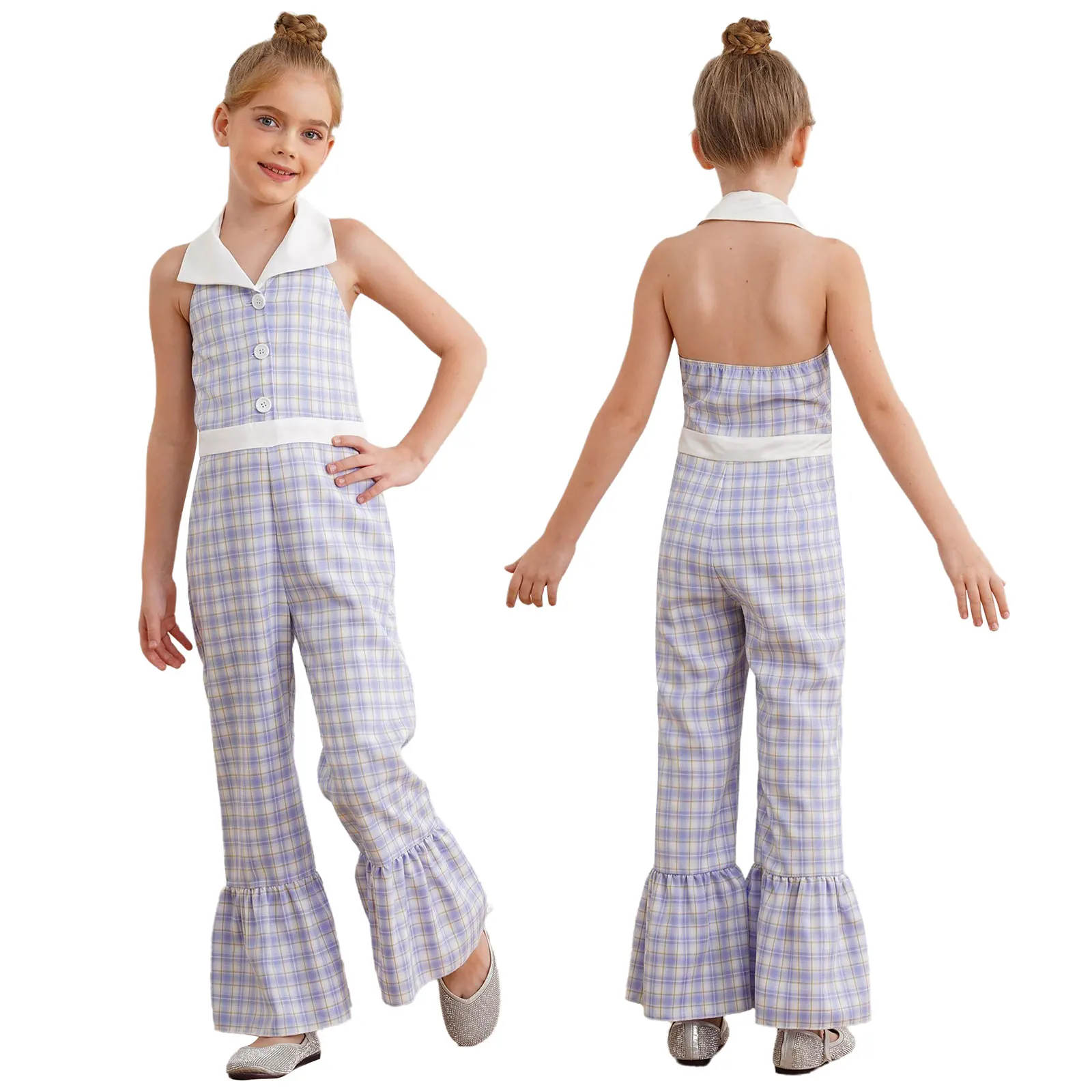 

Girls Fashion Plaid Jumpsuit Halter Collared Sleeveless Backless Ruffle Bell-Bottom Romper for Wedding Birthday Party Pageant