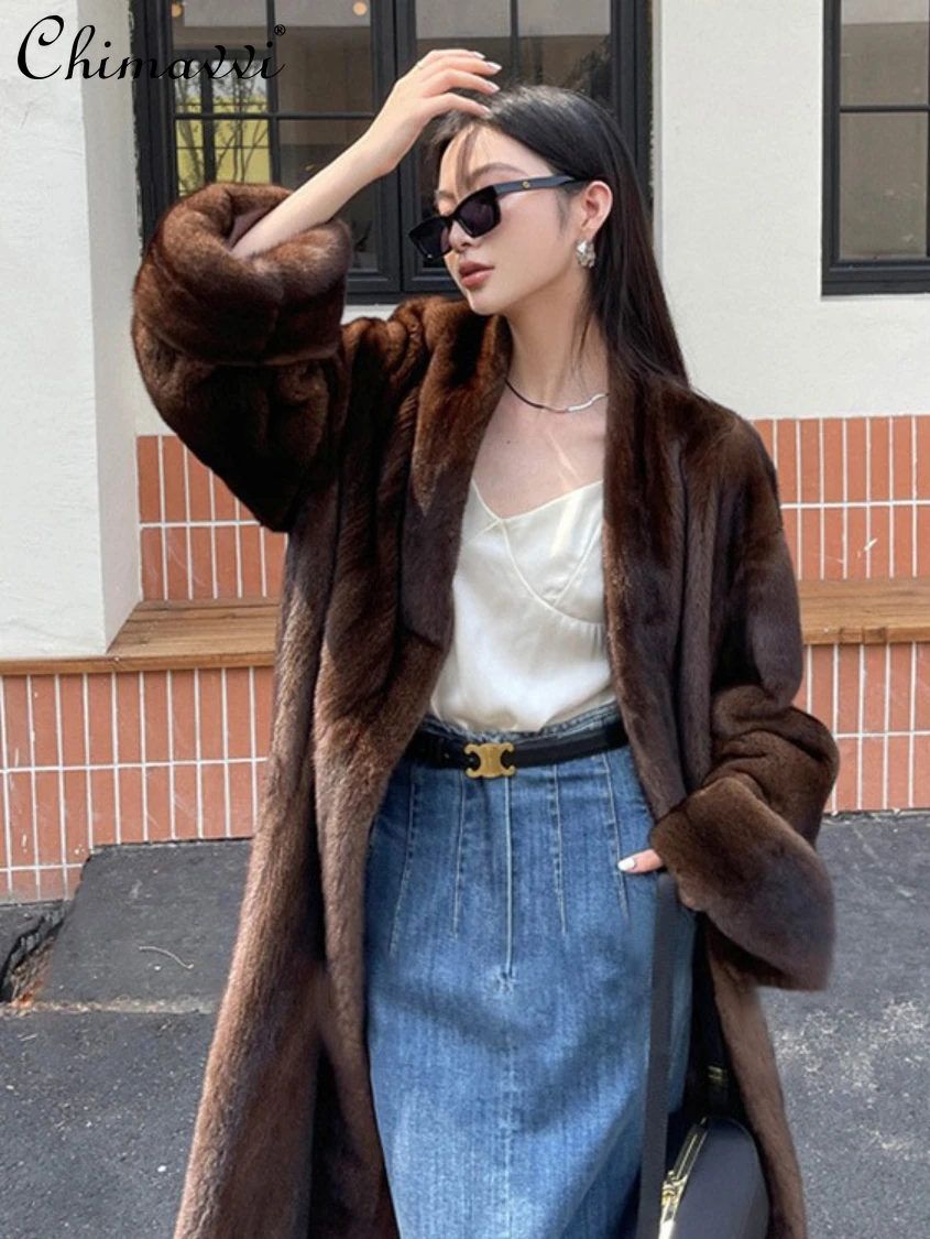 

2024 Spring Clothes New High-End Fashion Vintage Marten Overcoats Caramel V-neck Artificial Mink Faux Fur Coat Long Jacket Women