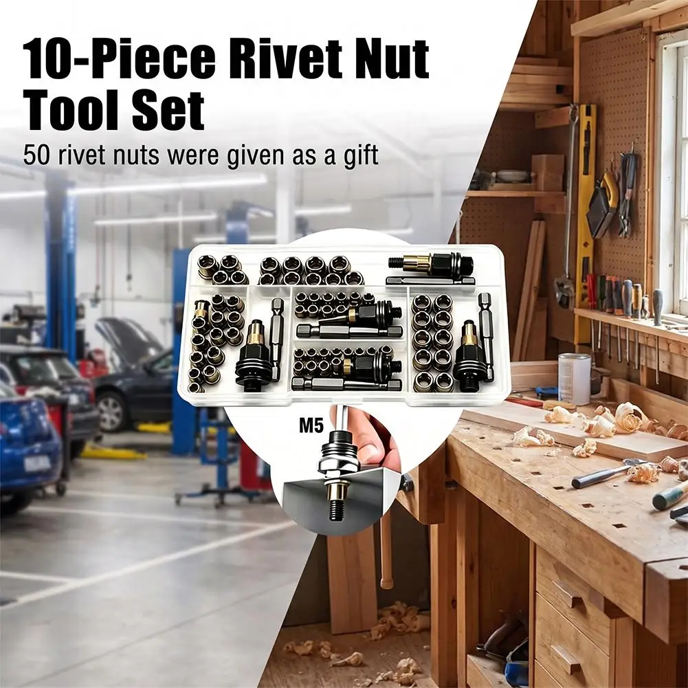 M3-M8 Rivet Nut Tool Kit Carbon Steel Rivnut Set Threaded Nut Head Adapter for Electric Drill Manual Riveting 50 Nuts Included