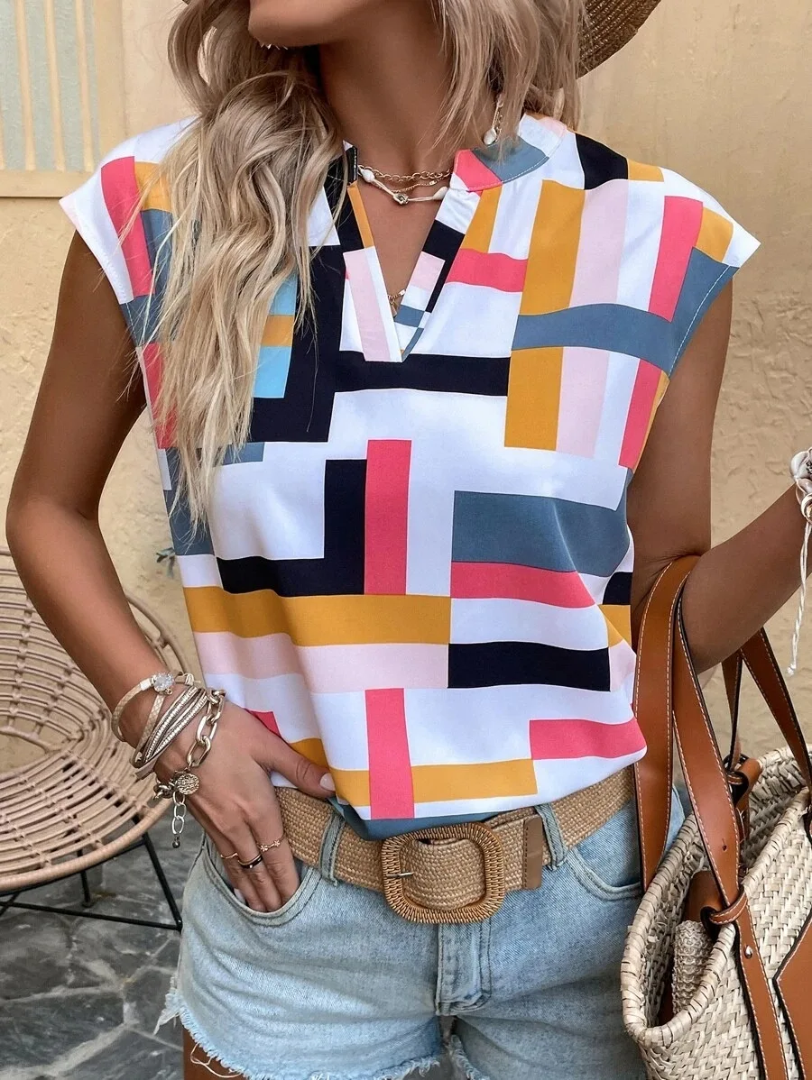 

Women Casual Striped Print Blouse Tops Summer Fashion Loose Sleeveless Tank Top Female Office OL Blouse Shirts Street Blusas