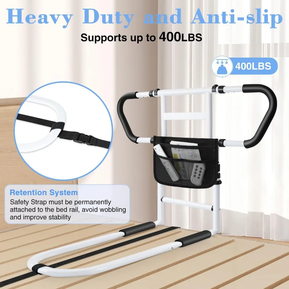 Adjustable Bed Rails for Elderly Safety with Storage Pockets, Non-Slip Handles, Motion Sensor Light, 400LB Capacity