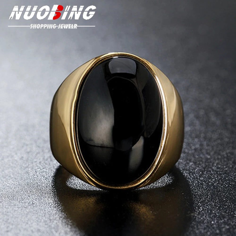 Luxurious Retro 316L Stainless Steel Oval Natural Stone Black Agate & Tiger Eye Stone Men Women Trendy Ring Fashion Jewelry