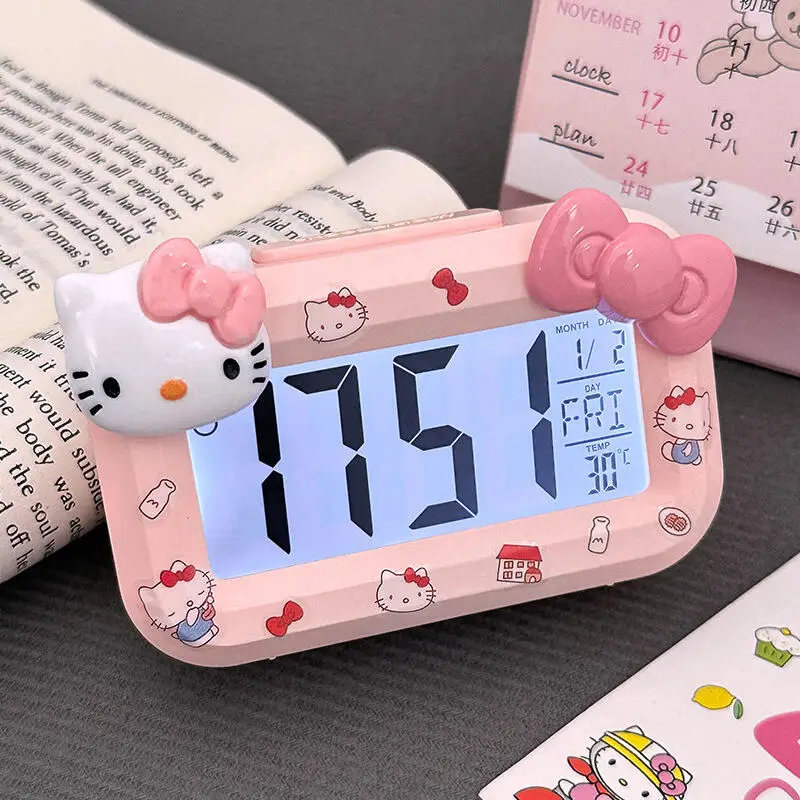 Relógio Eletrônico Mini Kawaii Hellokitty para Desktop, Gerenciador de Tempo para Estudantes, Timer de Cozinha, Display de Temperatura, Despertador Digital