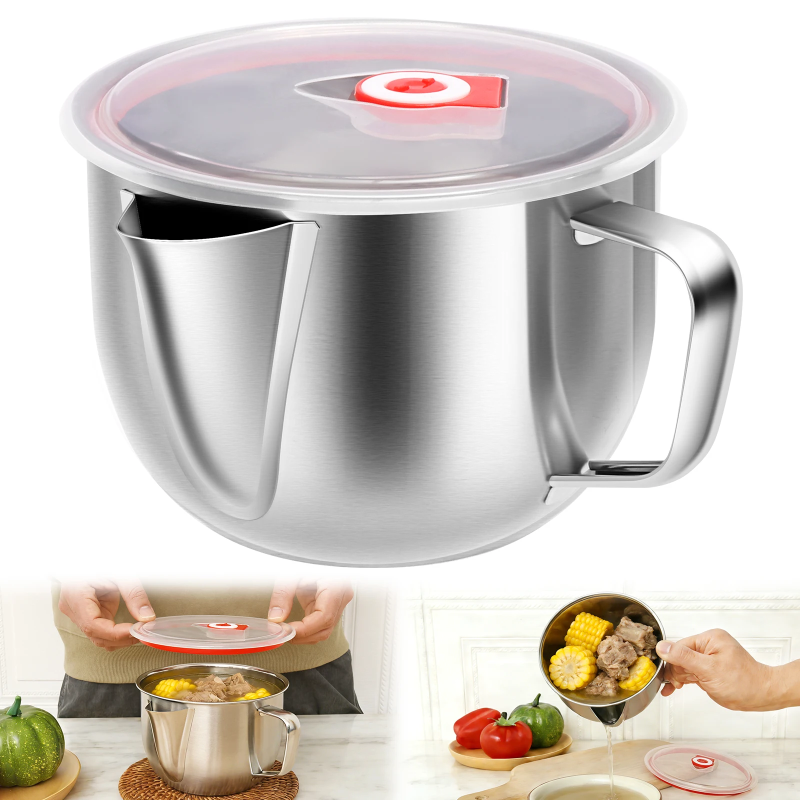 Stainless Steel Soup Bowl Gravy Oil Fat Separator Pot Grease Oiler Filter Strainer Bowl Gravy and Sauce Separator Kitchen Tools