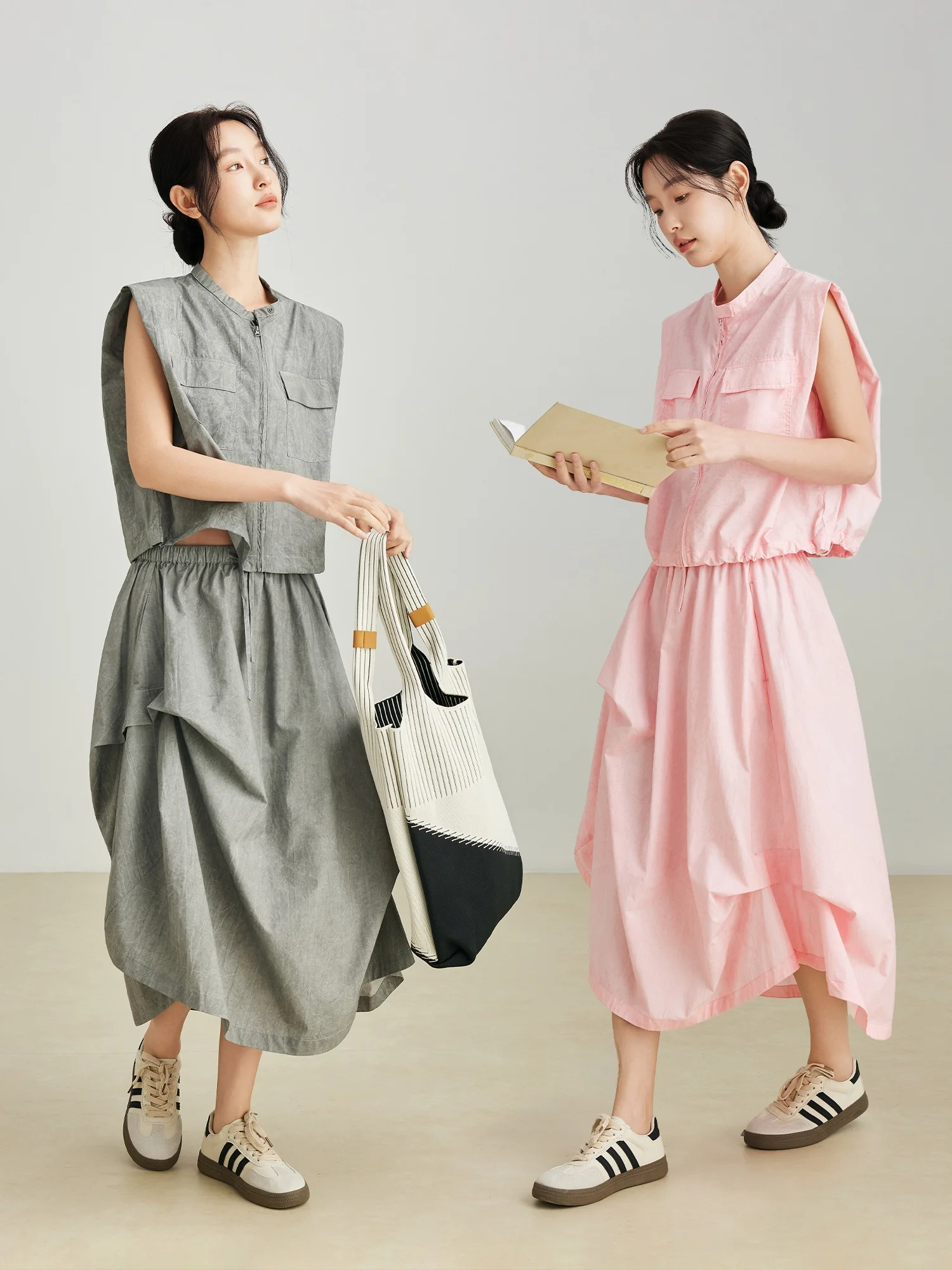 

U Commute Loose Svel Women's Summer New Simple Design Pleated Skirt Set High Waist Cotton Polyester Blend Elastic Waist