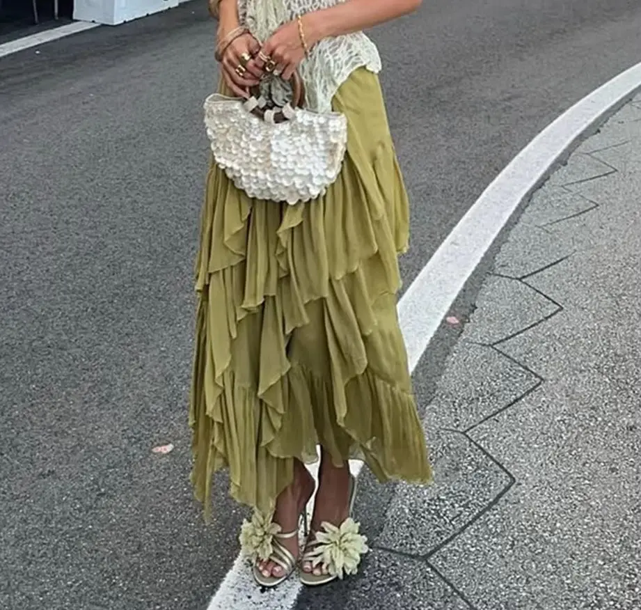 

KONDALA винтажные плиссированные однотонные зеленые элегантные женские длинные юбки, модные летние 2022, трапециевидные юбки с эластичной резинкой на талии и складками, шикарные Mujer юбки