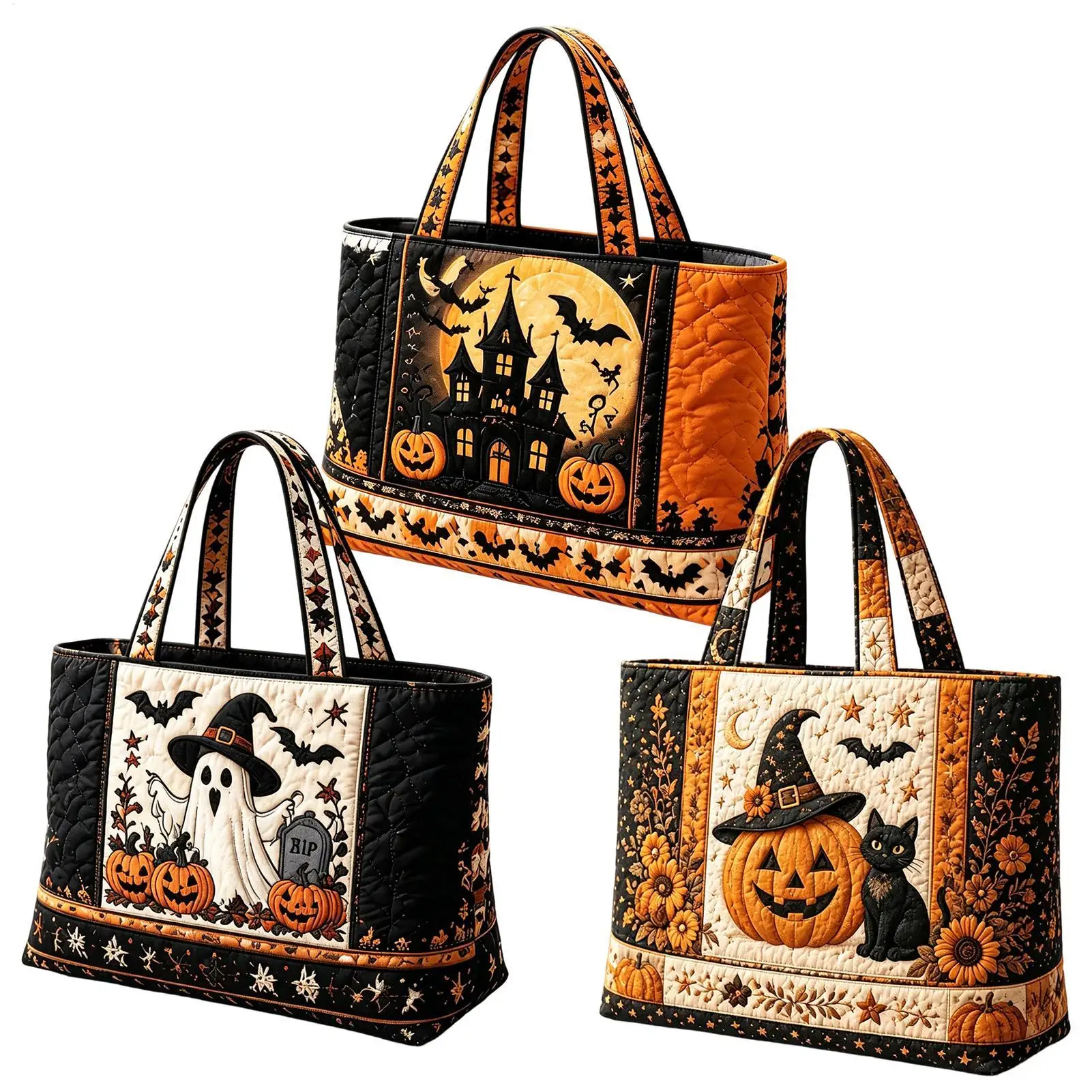 Halloween-Tragetasche, 3D-Grusel-Design, gesteppt, große Kapazität, Halloween-Themen-Handtasche zum Einkaufen, für Outdoor-Aktivitäten, Sandstrand, Bootsfahrten – Detail 1
