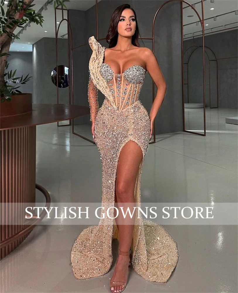 Luxury Champagne Evening Dresses For Black Girls Beaded Sequined Birthday Party Gowns HIgh Slit Long Prom Dresses Robe De Bal