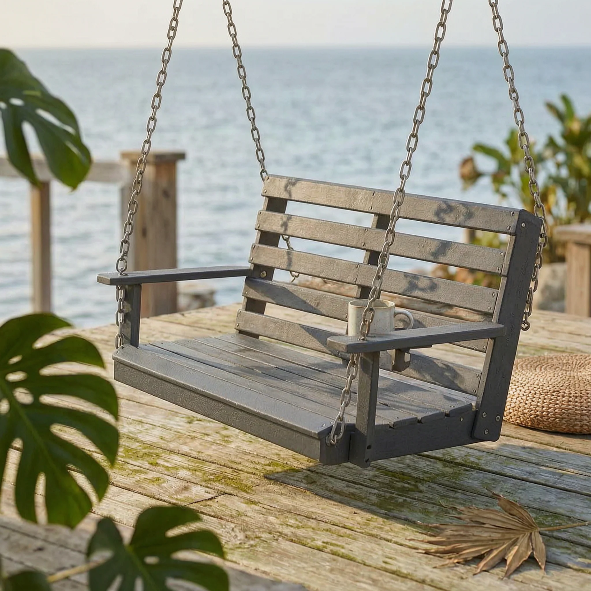 2 Seat Swing Bench Plastic Wood Two-Person Swing Bench Cup Holders Dark Gray Finish for Garden