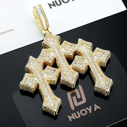 High Quality 3Inch Mens Hip Hop Cross Pendant New Release Iced out Triple Cross with Stone Charm Necklace Made Brass