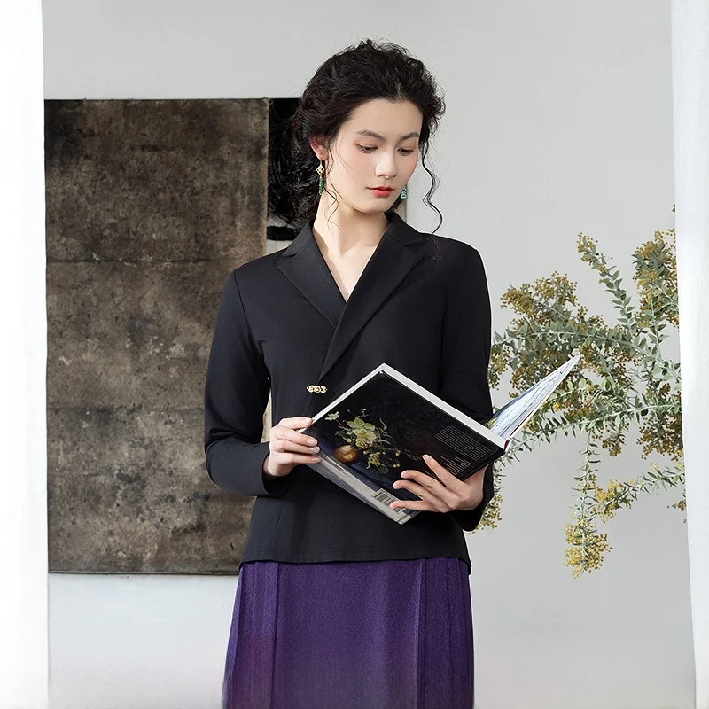 

Elegant Vintage Long Sleeve Cotton Blend Slim Fit Knit T-Shirt Women's Turn-down Collar Daily Wear Comfortable Soft Fabric