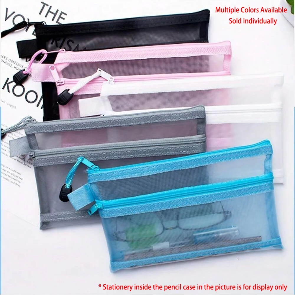Transparent Mesh Double Layer Zipper Pencil Bag Student Stationery Pouch Office File Bag Document Storage Bag