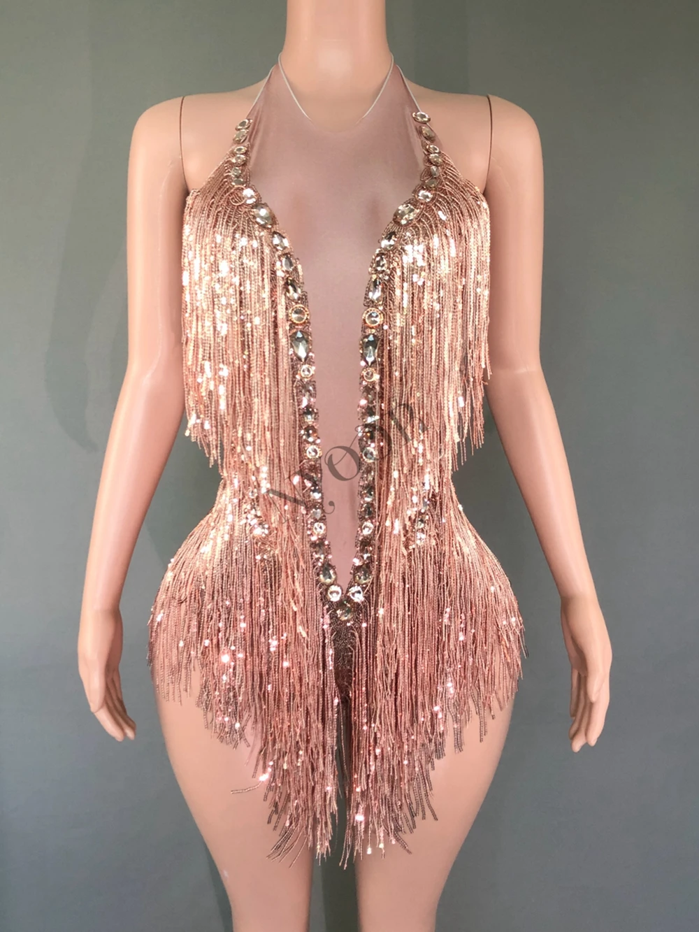 Sparkly Rhinestones Sequins Fringes Leotard Sexy Tassel Bodysuit One-piece Dance Costume Dancer Performance Show Stage Wear