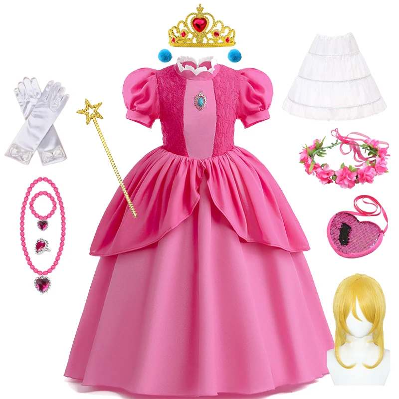 Kids Halloween Carnival Princess Peach Sweet Girls Costume Pink Clothes Cosplay Children Fancy Pink Dress For 2-10 Years