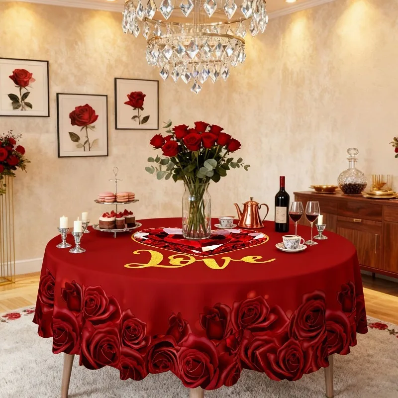 Valentinstag Polyester-Tischdecke, Feiertagsdekoration, Runde Tischdecke, Hochzeit, Romantische Herzbedruckte Tischdecke