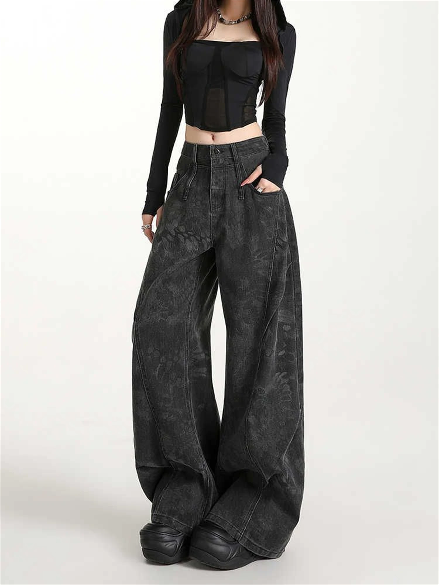 Celana Jeans Wanita Y2K Pinggang Tinggi Model Kaki Lebar Hitam Motif Subtil Gaya Gothic Streetwear Longgar
